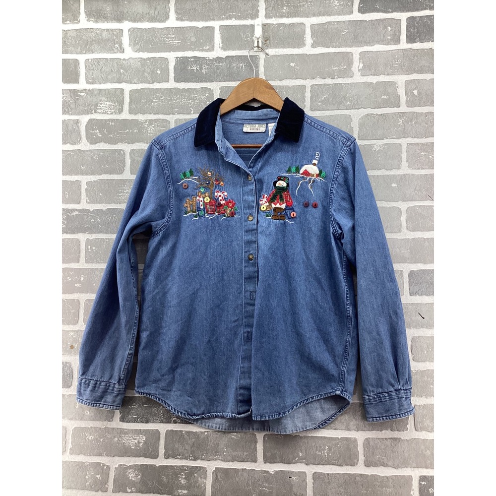 Victoria Jones Petites Denim Christmas Shirt Snowman Embroidery Corduroy Collar